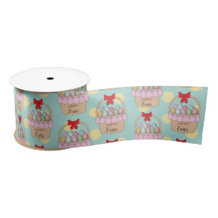 Cute Easter Basket & Pastel Easter Eggs Satin Ribbon