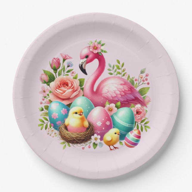Cute Easter beach pink flamingo party Paper Plate (Front)