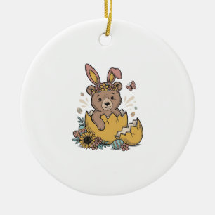 Cute Easter Bear in Cracked Egg Vintage Vector_1 Ceramic Tree Decoration