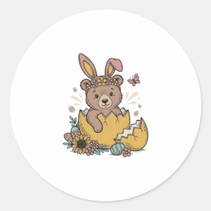Cute Easter Bear in Cracked Egg Vintage Vector_1 Classic Round Sticker