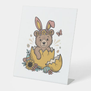Cute Easter Bear in Cracked Egg Vintage Vector_1 Pedestal Sign