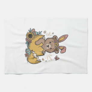 Cute Easter Bear in Cracked Egg Vintage Vector_1 Tea Towel