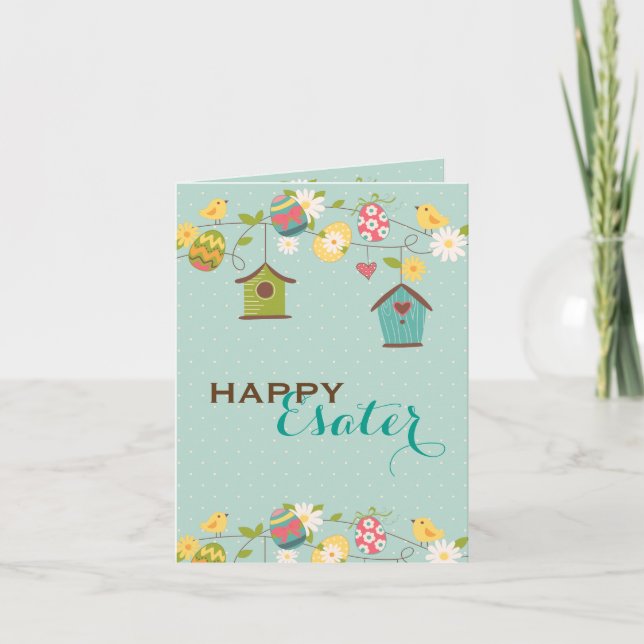Cute Easter Birds, Bird Feeders & Eggs Holiday Card (Front)