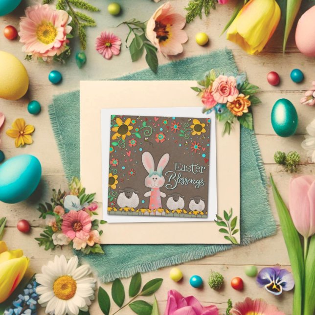 Cute Easter Blessings Bunny Rabbit Floral  Card (Creator Uploaded)