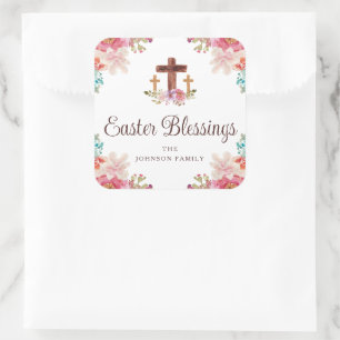 Cute Easter Blessings Floral Cross Square Sticker