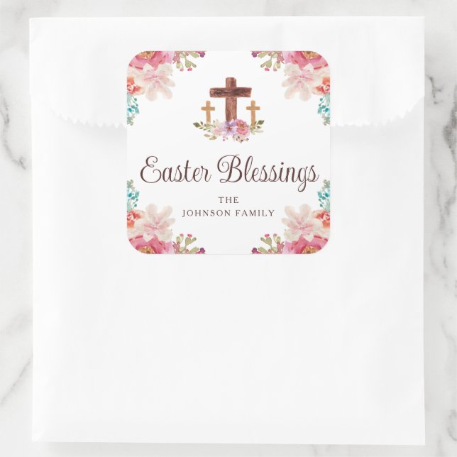Cute Easter Blessings Floral Cross  Square Sticker (Bag)