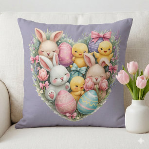Cute Easter Bunnies and Chicks Pastel Cottagecore Cushion