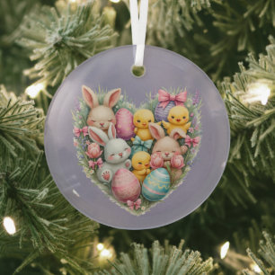 Cute Easter Bunnies and Chicks Pastel Cottagecore Glass Tree Decoration