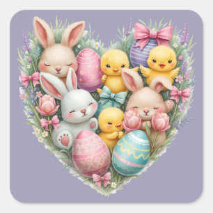 Cute Easter Bunnies and Chicks Pastel Cottagecore Square Sticker