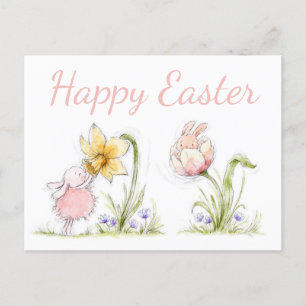 Cute Easter Bunnies and Daffodil Art Postcard