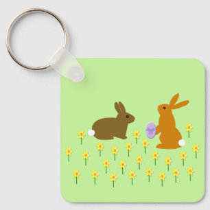 Cute Easter Bunnies and Daffodils Custom Key Ring