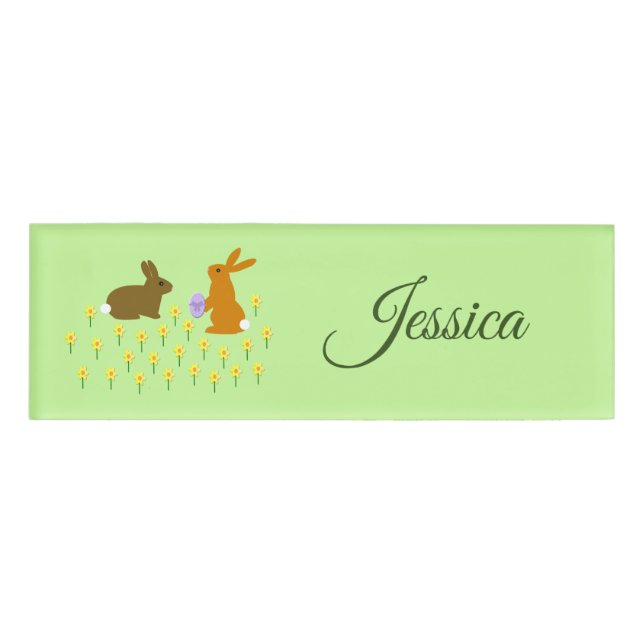 Cute Easter Bunnies and Daffodils Custom Name Tag (Front)