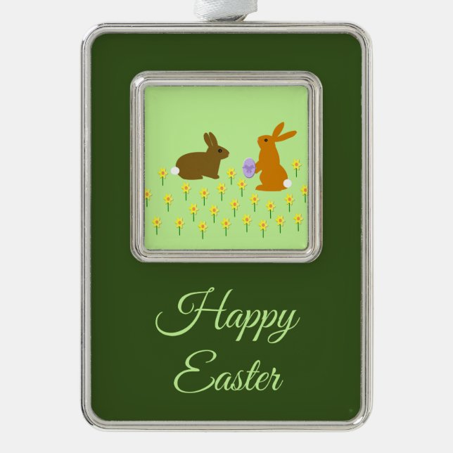 Cute Easter Bunnies and Daffodils Custom Silver Plated Framed Ornament (Front)
