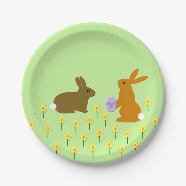 Cute Easter Bunnies and Daffodils Paper Plate (Front)