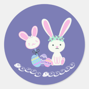Cute Easter Bunnies and Eggs Illustration Classic Round Sticker