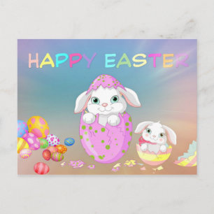 Cute Easter Bunnies,Colourful Easter Eggs,Easter Postcard