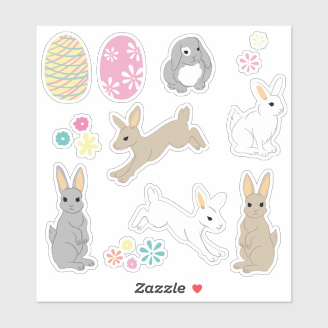 Cute Easter bunnies, decorated eggs and flowers (Sheet)
