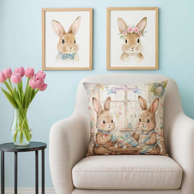 Cute Easter Bunnies & Eggs  Cushion (Whimsical Easter pillow—perfect spring gift for bunny lovers, decorators, and cozy home vibes.)