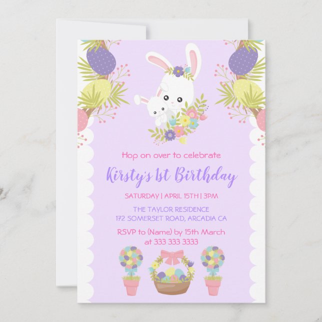 Cute Easter Bunnies Eggs Flowers Birthday Party Invitation (Front)