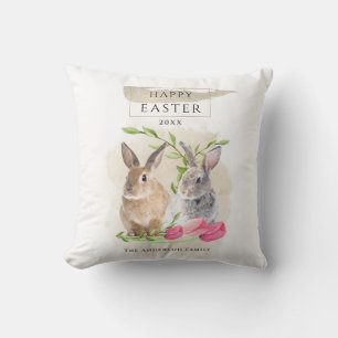 Cute Easter Bunnies   Happy Easter Watercolor Art Cushion
