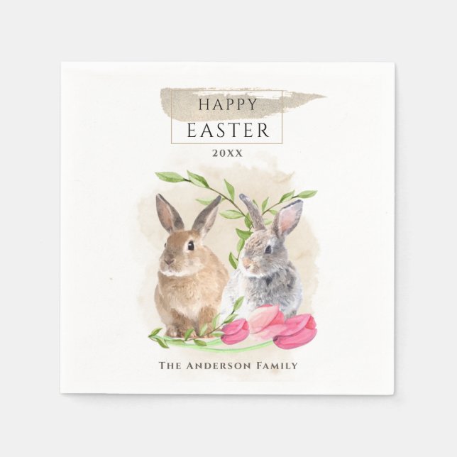 Cute Easter Bunnies | Happy Easter Watercolor Art Napkin (Front)