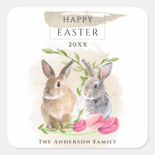 Cute Easter Bunnies   Happy Easter Watercolor Art Square Sticker