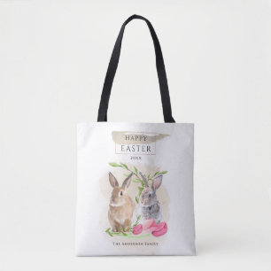 Cute Easter Bunnies Happy Easter Watercolor Art Tote Bag