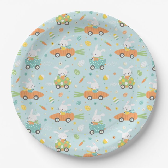 Cute Easter bunnies in carrot and egg cars mint Paper Plate (Front)