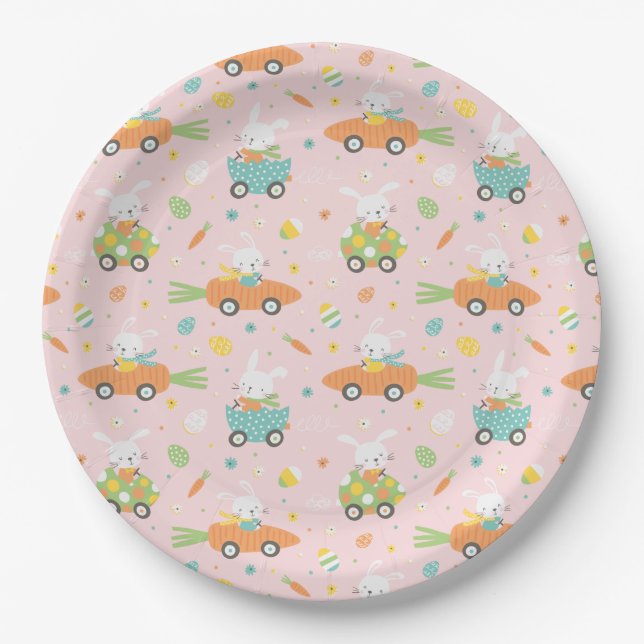 Cute Easter bunnies in carrot and egg cars pink Paper Plate (Front)