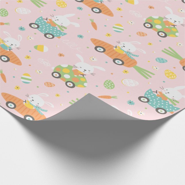 Cute Easter bunnies in carrot and egg cars Wrappin Wrapping Paper (Corner)