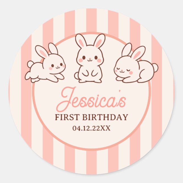 Cute Easter Bunnies Pink Girl 1st Birthday Party Classic Round Sticker (Front)
