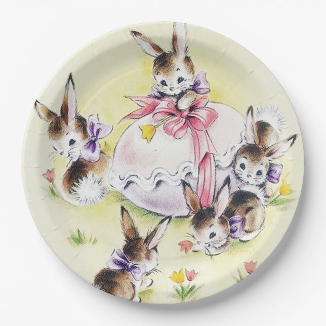 Cute Easter bunnies retro vintage party Paper Plate (Front)