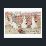 Cute Easter Bunnies Stealing Potted Hyacinths Holiday Postcard<br><div class="desc">Four naughty white vintage rabbits running off with stolen pots of purple hyacinths with one having fallen and broken the pot. Includes All Easter Joys for You! text.</div>
