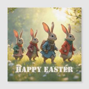 Cute Easter Bunnies Walking in Spring Meadow
