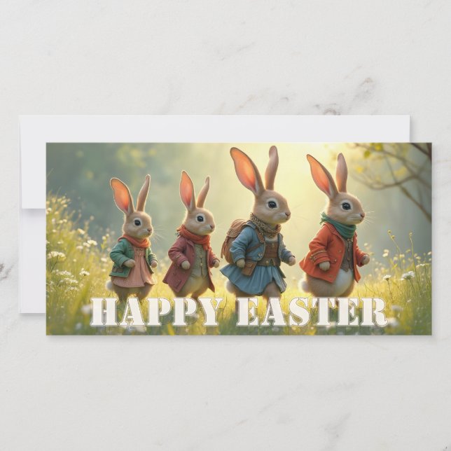 Cute Easter Bunnies Walking in Spring Meadow (Front)