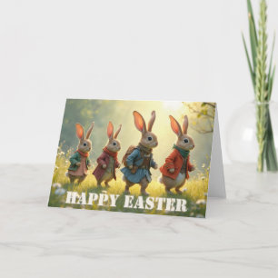 Cute Easter Bunnies Walking in Spring Meadow Card