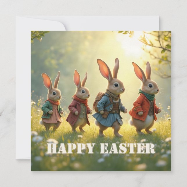 Cute Easter Bunnies Walking in Spring Meadow Card (Front)