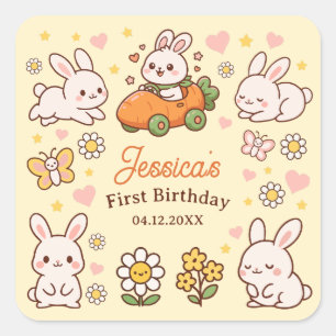 Cute Easter Bunnies Whimsical 1st Birthday Party Square Sticker