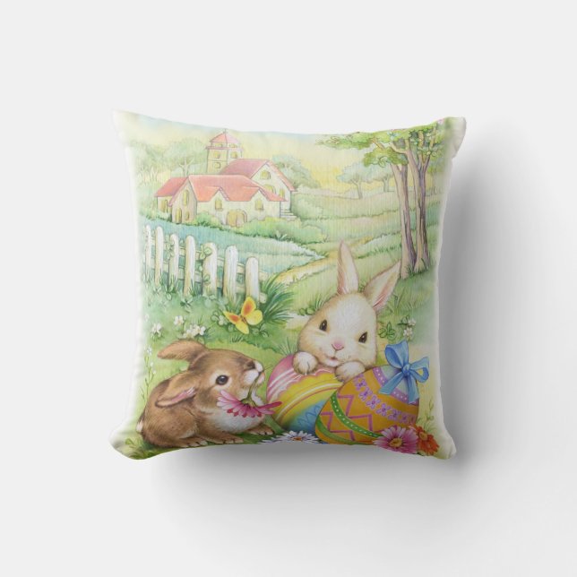 Cute Easter bunnies with eggs and church Cushion (Front)