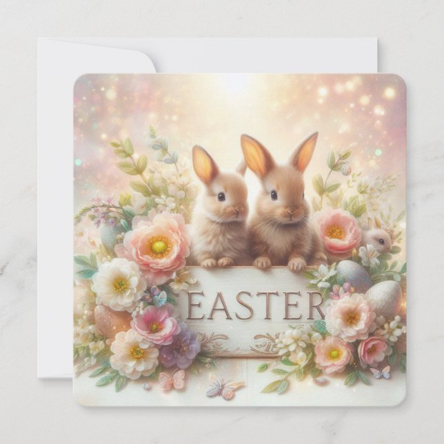 Cute Easter Bunnies with Flowers and Easter Eggs Holiday Card (Front)