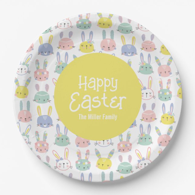 Cute Easter Bunnies with flowers in pastel colours Paper Plate (Front)