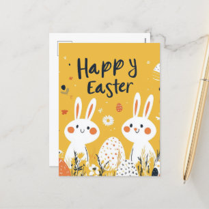 Cute Easter Bunnies Yellow Postcard