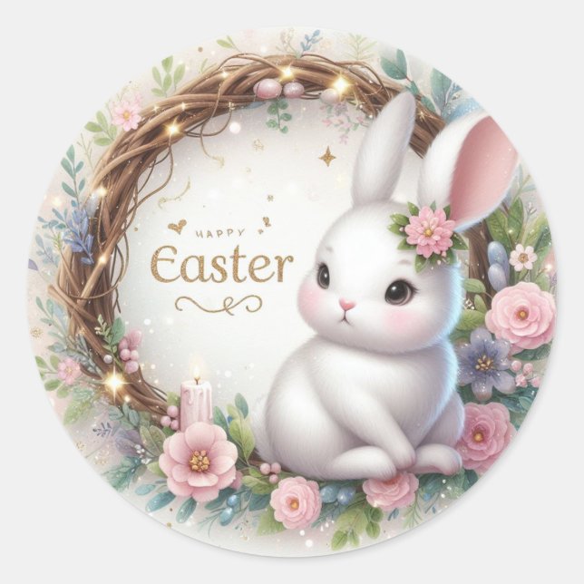Cute Easter Bunny and a Floral Wreath Classic Round Sticker (Front)