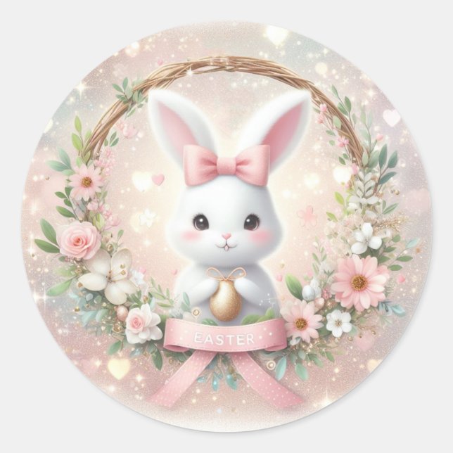 Cute Easter Bunny and a Floral Wreath Classic Round Sticker (Front)