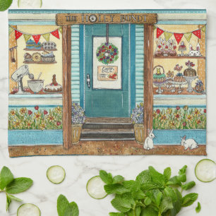 Cute Easter Bunny and Bundt Cake Shop Watercolor Tea Towel