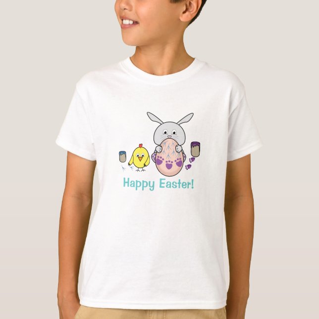 Cute Easter Bunny and chick Colouring Easter Egg T-Shirt (Front)