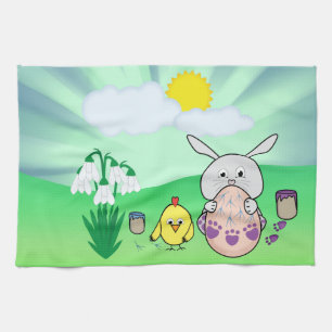 Cute Easter Bunny and chick Colouring Easter Egg Tea Towel