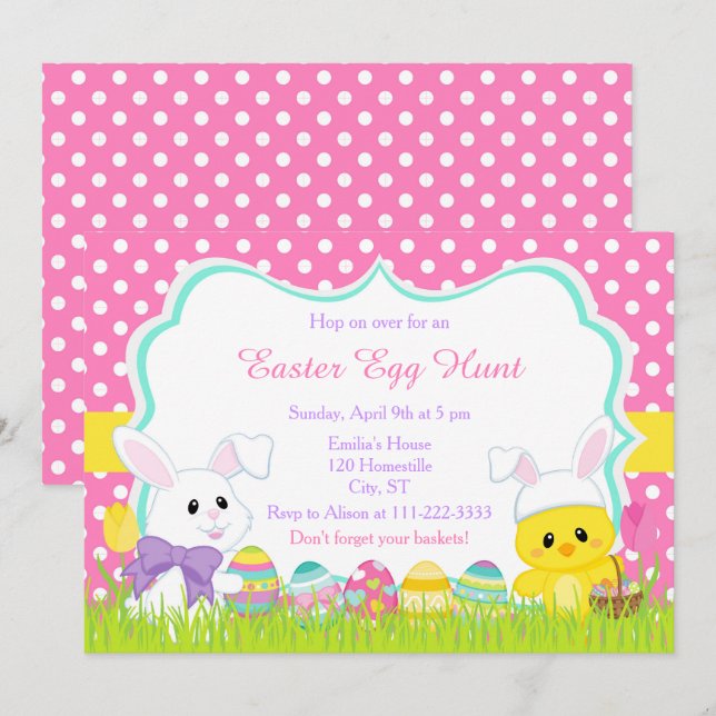 Cute Easter Bunny and Chick Easter Egg Hunt Invitation (Front/Back)