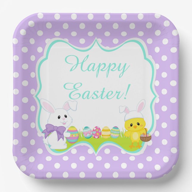 Cute Easter Bunny and Chick Easter Egg Hunt Paper Plate (Front)
