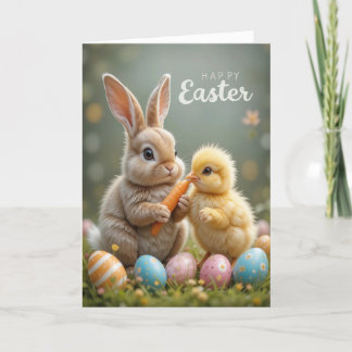 Cute Easter Bunny and Chick Holiday Card